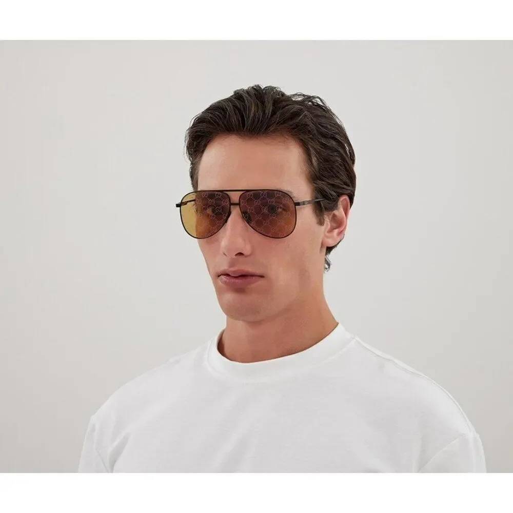 NEW Gucci GG1677S 005 Black Yellow Mirror Logo Pilot Unisex Sunglasses